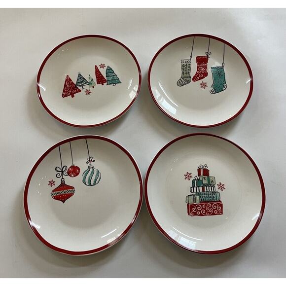 American Atelier CHRISTMAS Salad Plate Set of 4 Stockings Ornament Desert Dishes - Picture 1 of 9